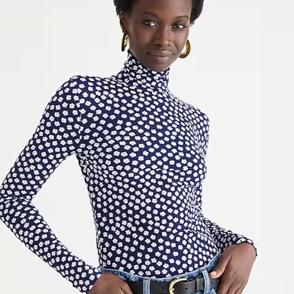 J. Crew Matte midweight jersey turtleneck in blue floral print 2X EUC